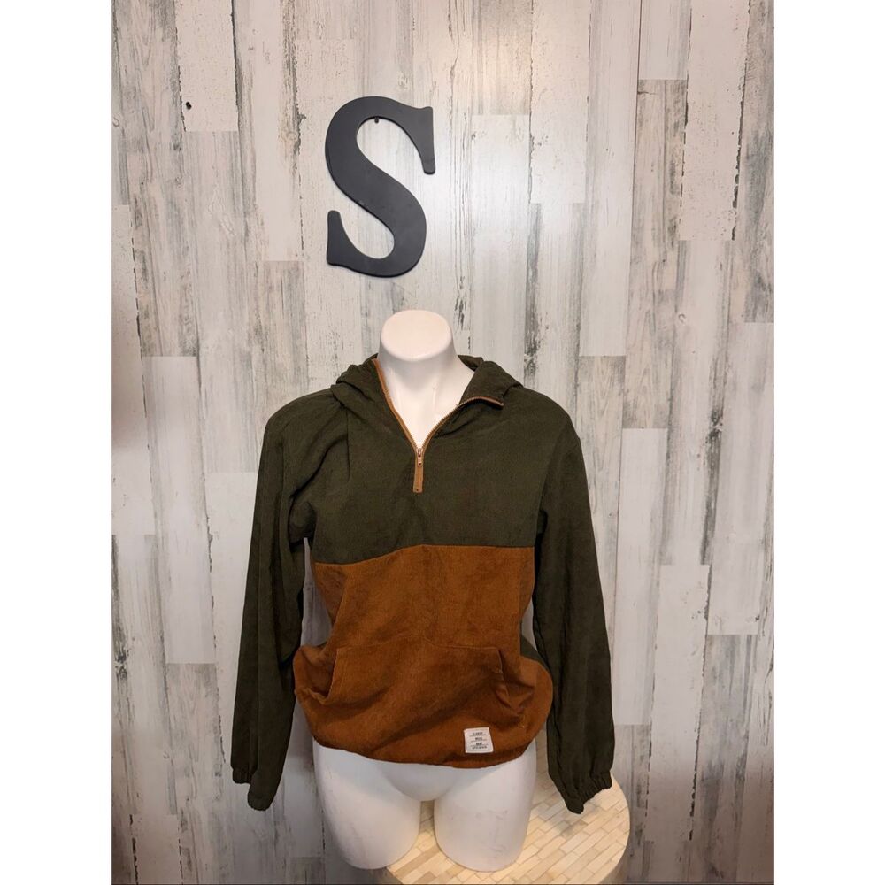 Colorblock Corduroy Half Zip Hoodie Womens Size Small S Olive Green Brown Pullov